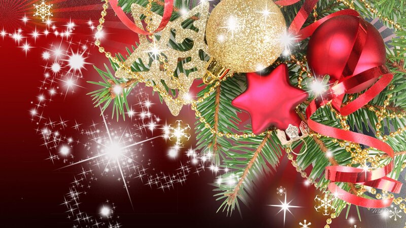 Christmas Ornaments on Branch — Red, Festive, Winter, Digital Art, Pine Needles