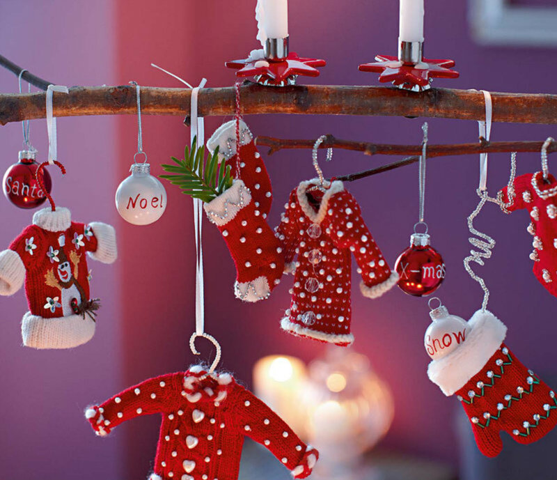 Christmas Ornaments on Branch — Red, Festive, Winter, Photograph