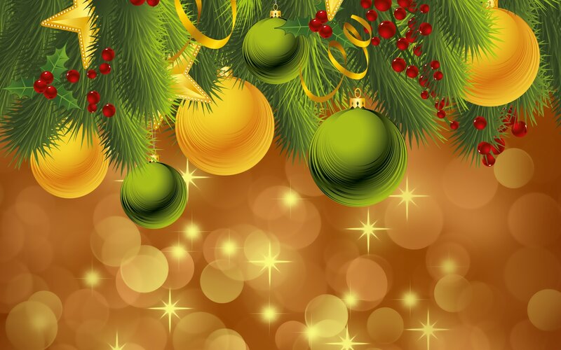 Christmas Ornaments on Branches — Green, Festive