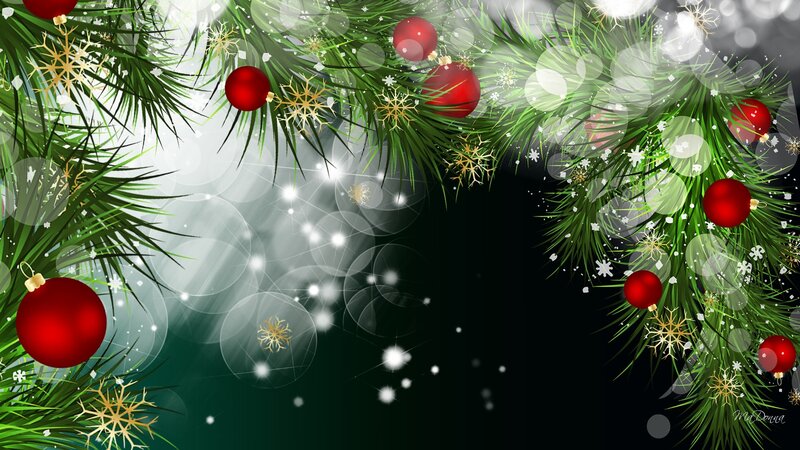 Christmas Ornaments on Branches — Green, Festive, Winter, Digital Art, Red Baubles