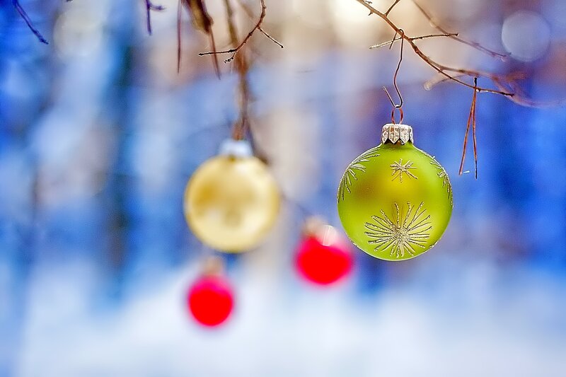 Christmas Ornaments on Branches — Green, Festive, Winter, Photograph, Snow