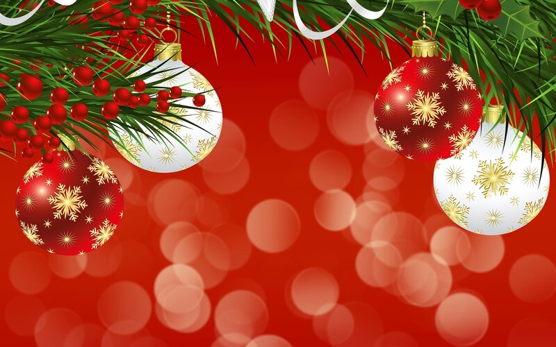 Christmas Ornaments on Branches — Red, Festive, Winter, Digital Art, Snowflakes, Berries