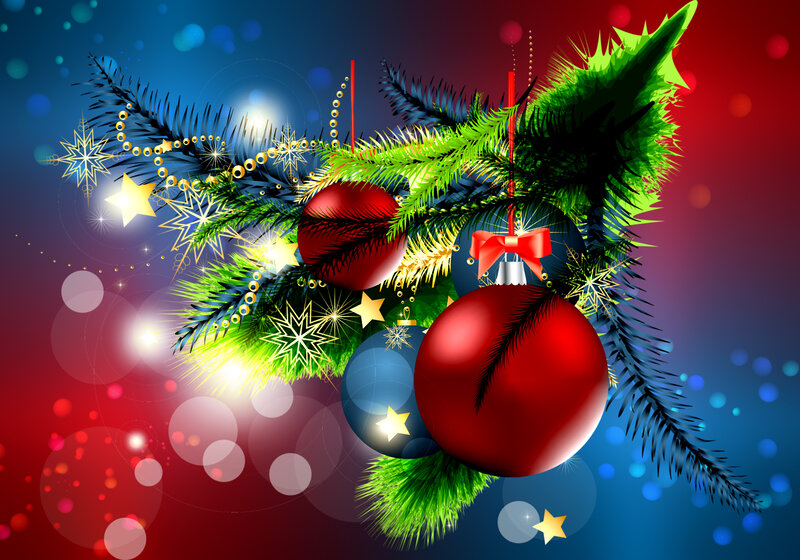 Christmas Ornaments on Branches — Red, Festive, Winter, Digital Art, Stars