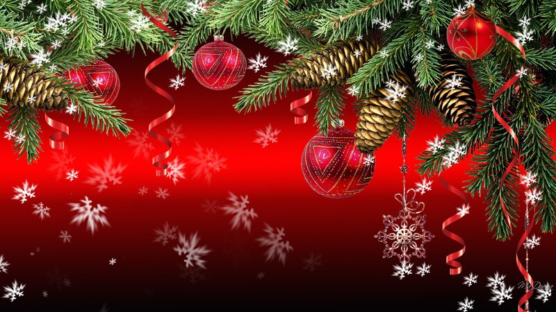 Christmas Ornaments on Branches — Red, Festive, Winter