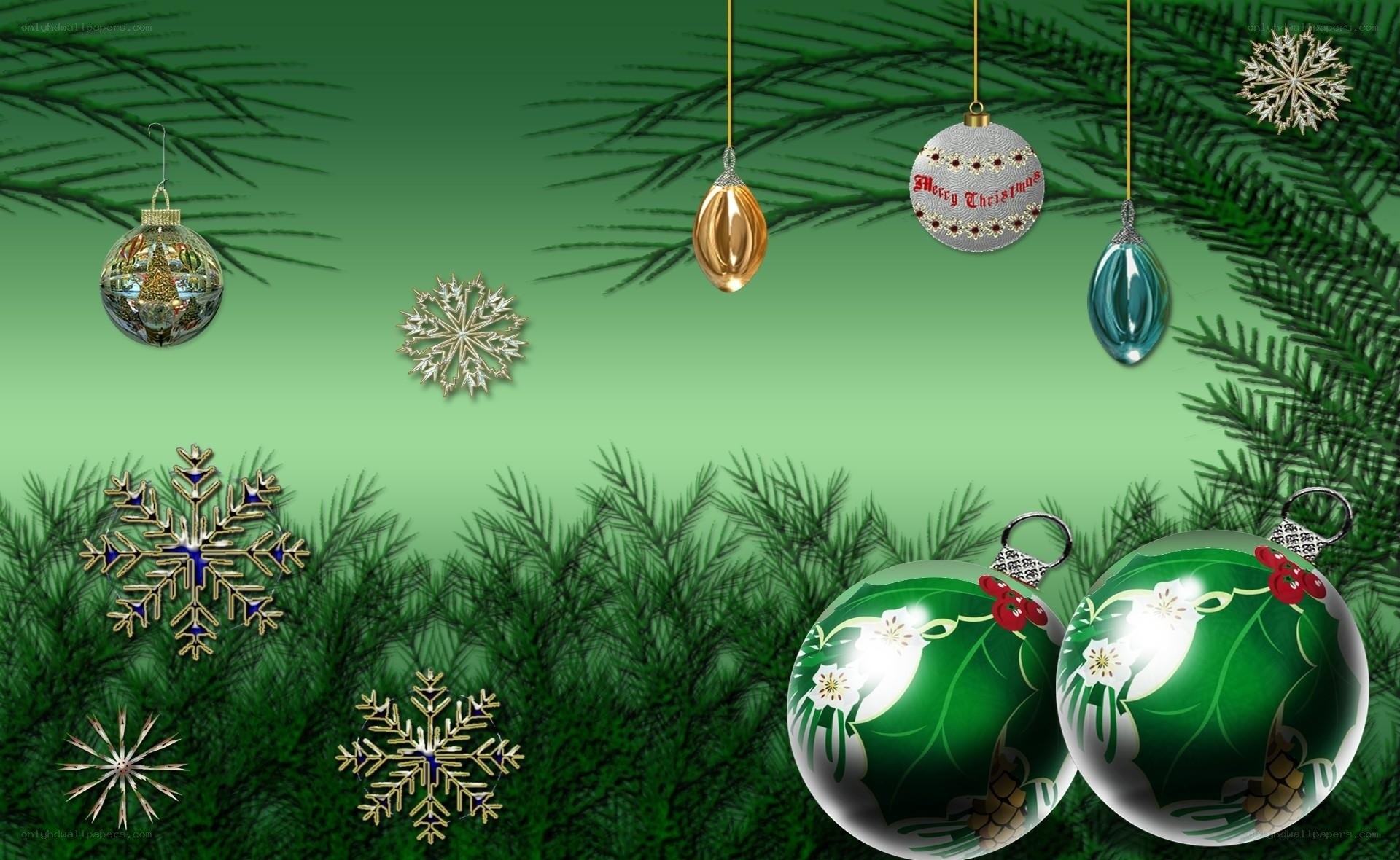 Christmas ornaments on green background