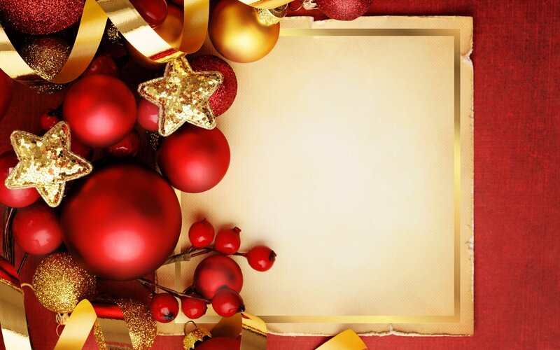 Christmas Ornaments on Paper — Red, Festive, Winter, Photograph