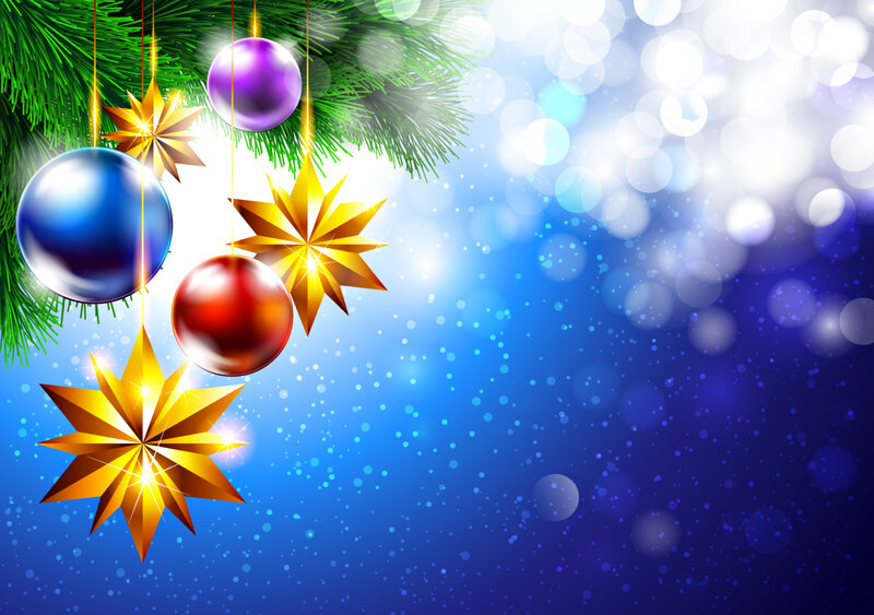 Christmas Ornaments on Pine — Blue, Festive