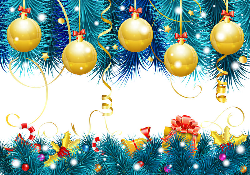 Christmas Ornaments on Pine — Blue, Festive, Winter