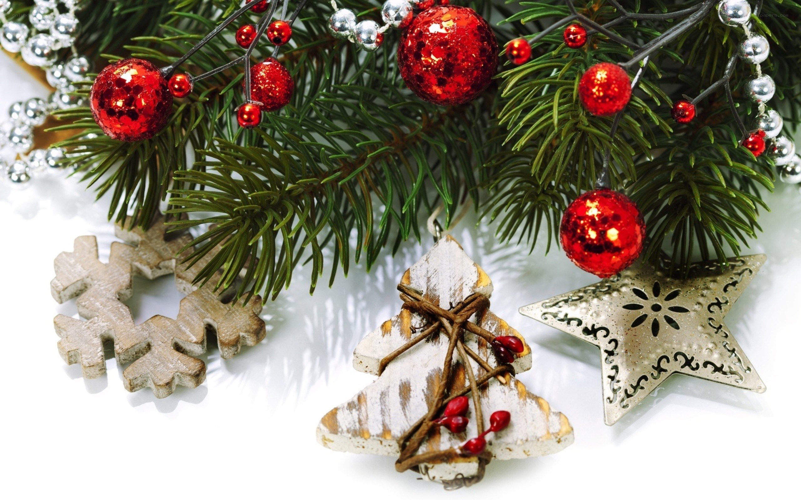 Christmas ornaments on pine branches