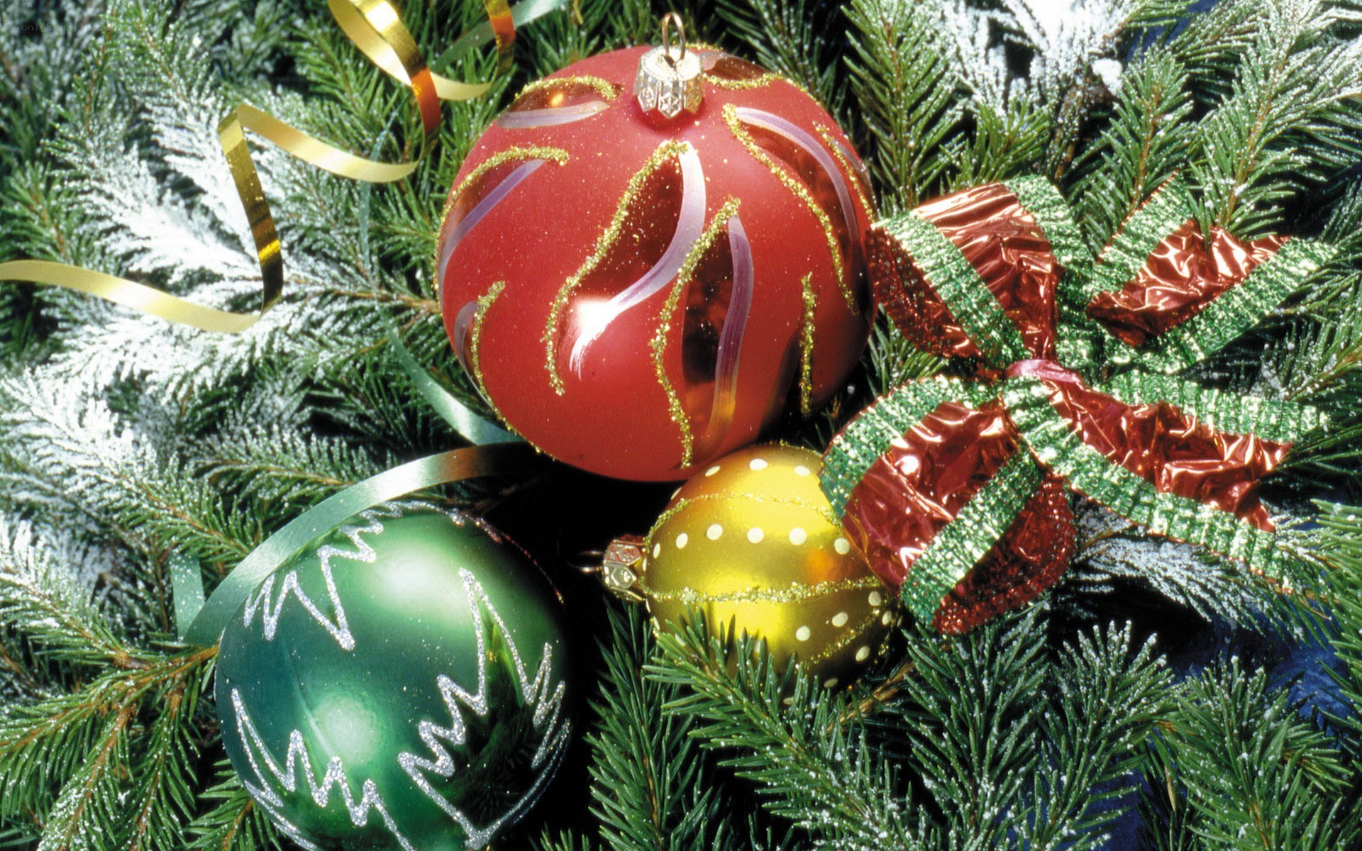 Christmas ornaments on pine branches