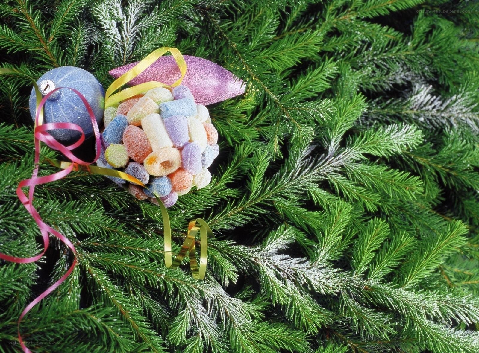 Christmas ornaments on pine branches