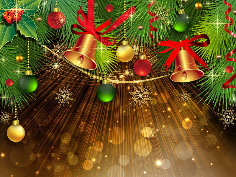 Christmas Ornaments on Pine — Green, Festive, Winter, Digital Art, Bells