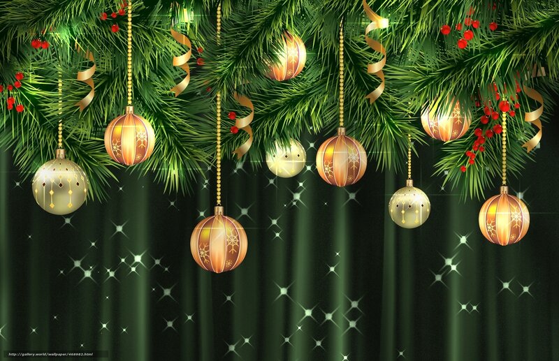 Christmas Ornaments on Pine — Green, Festive, Winter, Digital Art, Pine Branches, Ribbons