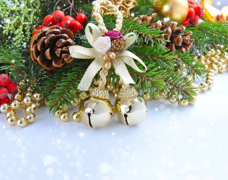 Christmas Ornaments on Pine — Green, Festive, Winter, Photograph, Pine Cones