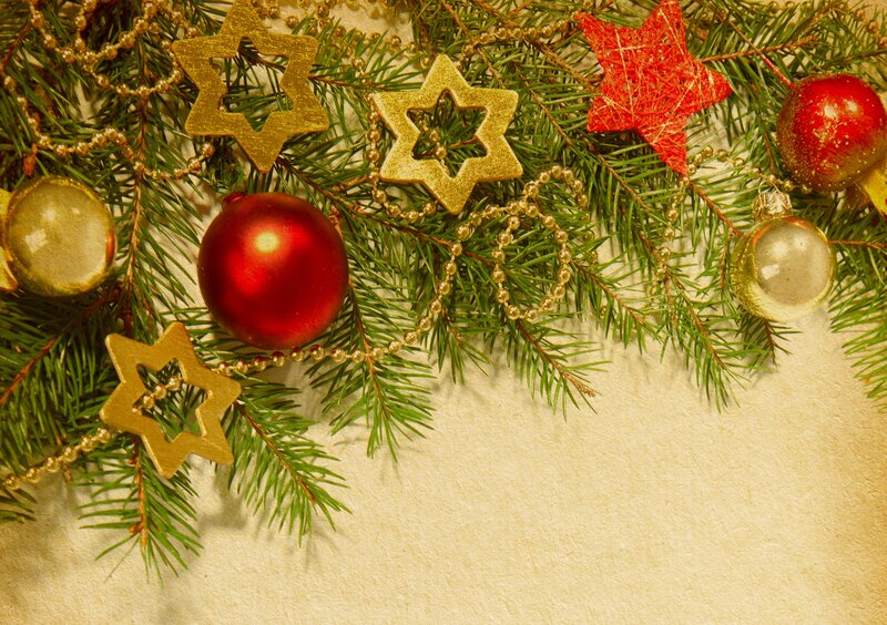 Christmas Ornaments on Pine — Green, Festive, Winter, Photograph, Stars, Baubles