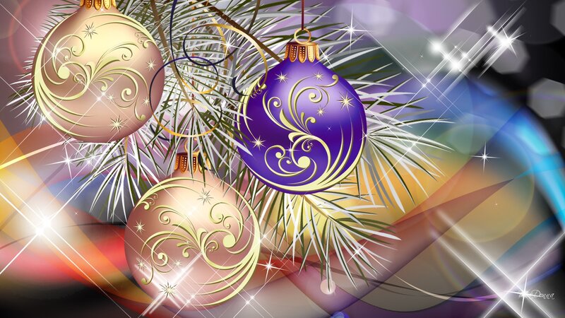 Christmas Ornaments on Pine — Purple