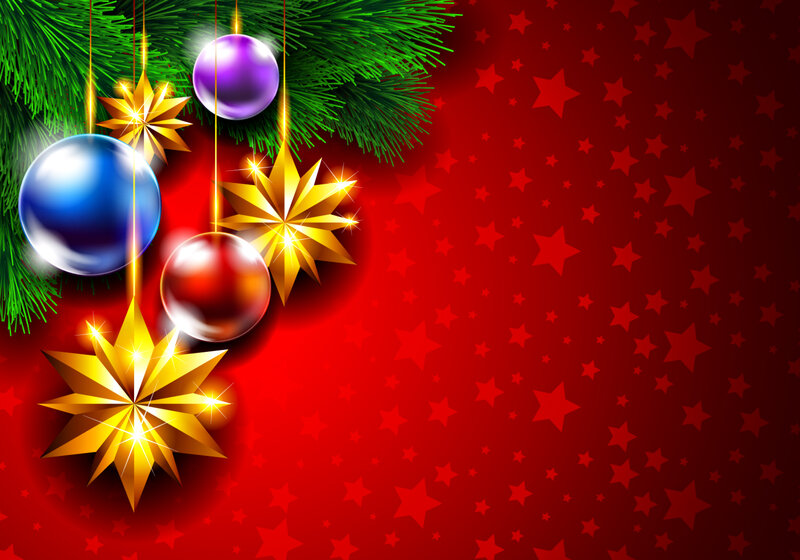 Christmas Ornaments on Pine — Red, Festive