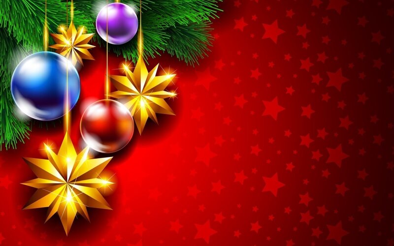Christmas Ornaments on Pine — Red, Festive, Winter, Digital Art, Stars