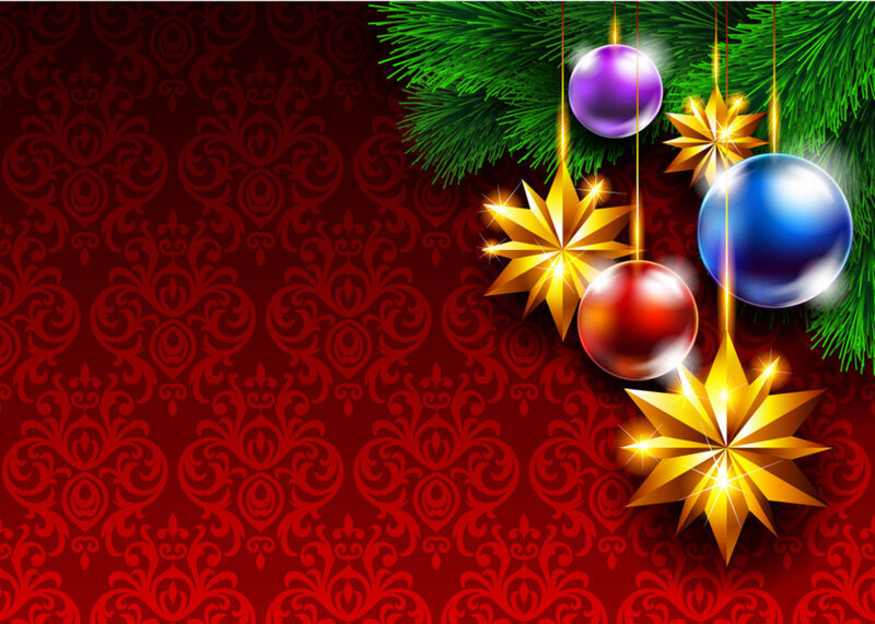 Christmas Ornaments on Pine — Red