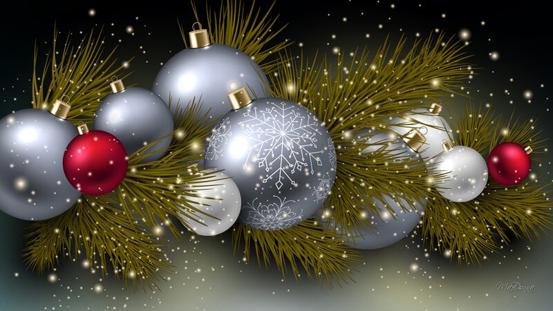 Christmas Ornaments on Pine — Silver