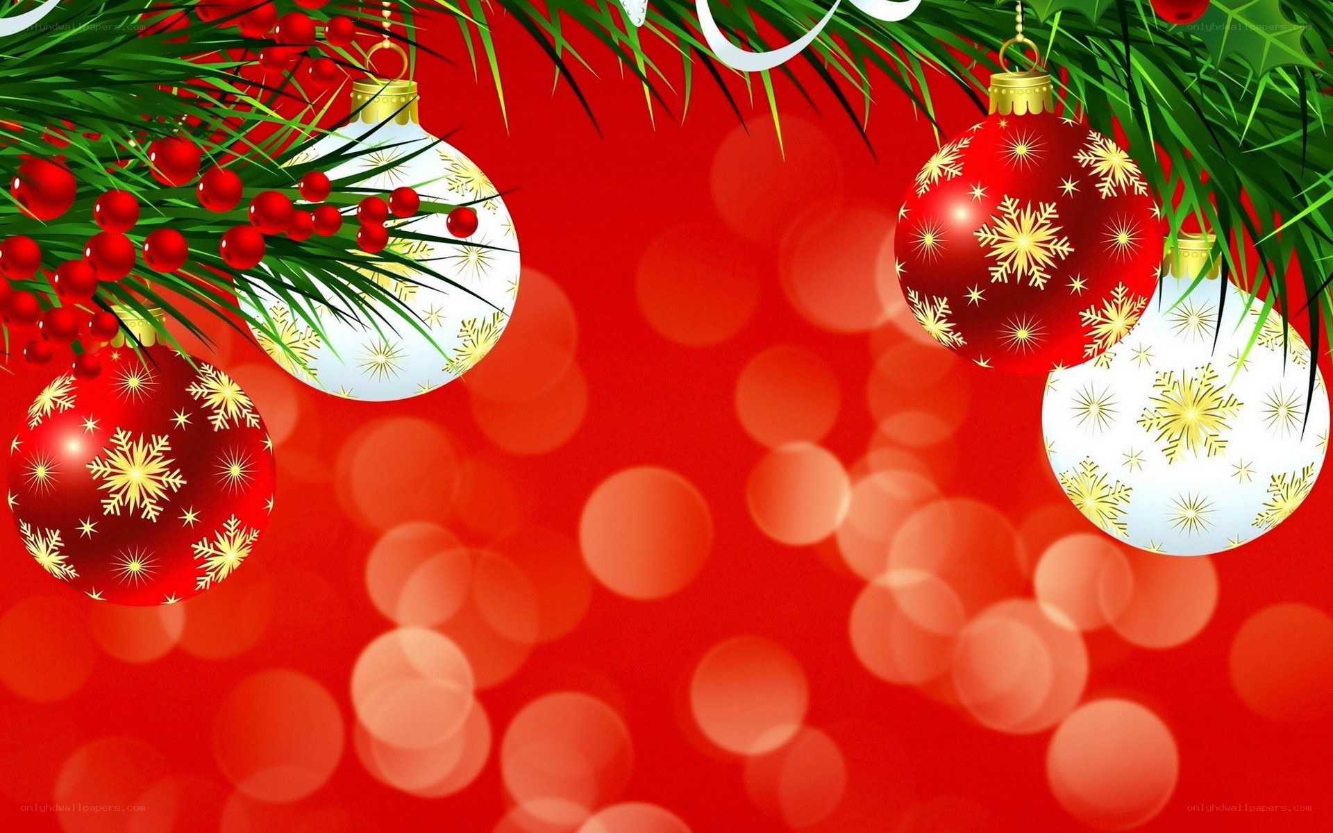 Christmas ornaments on red background