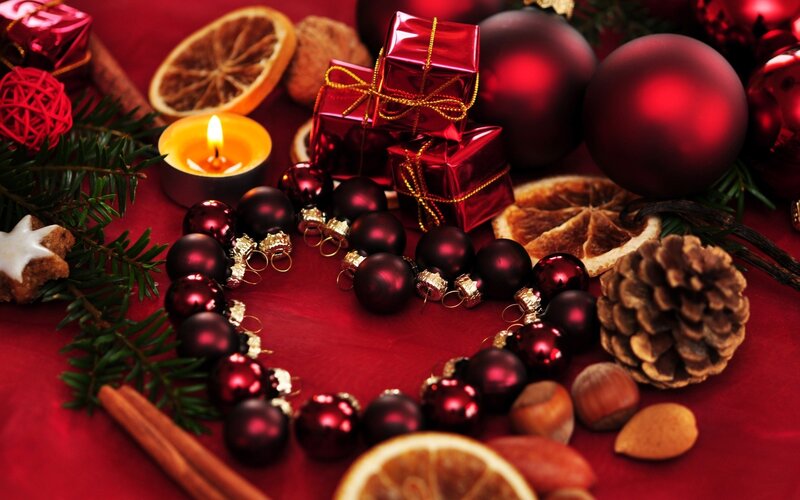 Christmas Ornaments on Red Cloth — Festive