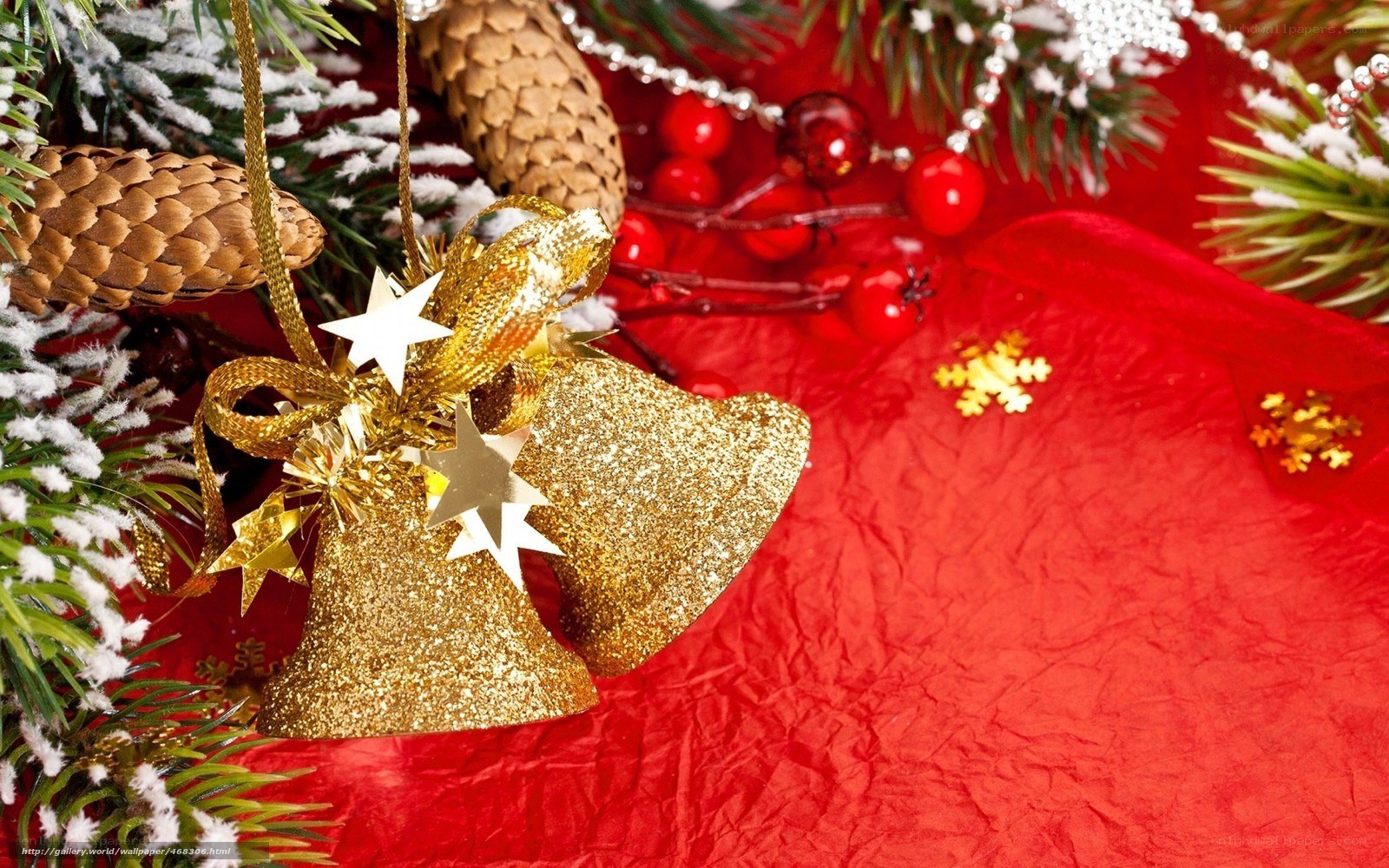 Christmas ornaments on red fabric