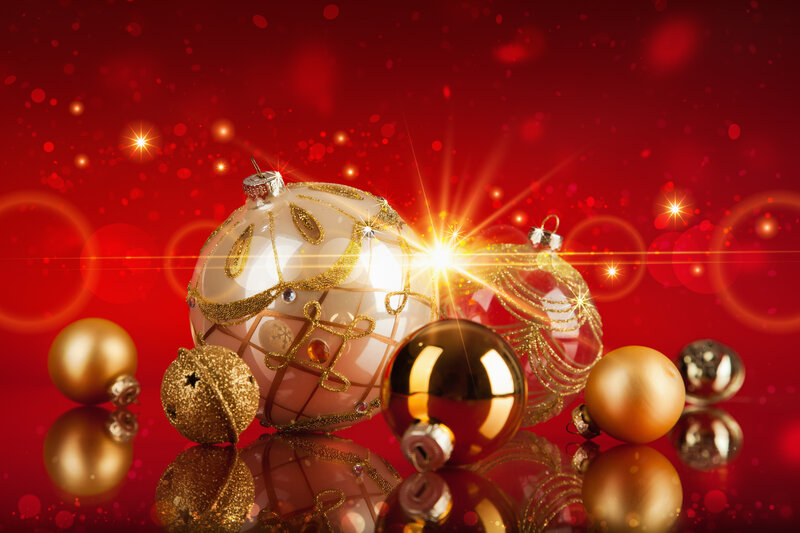 Christmas Ornaments on Red — Festive, Photograph, Reflection