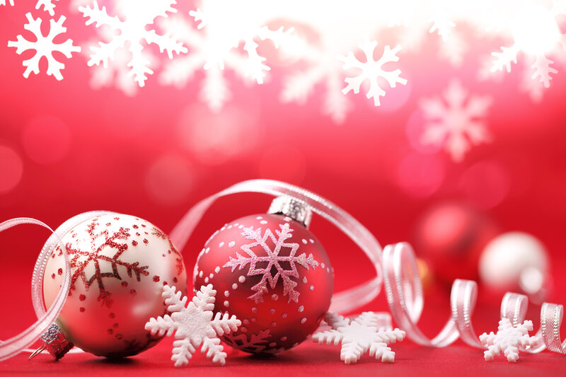 Christmas Ornaments on Red — Festive, Winter, Photograph, Snowflakes