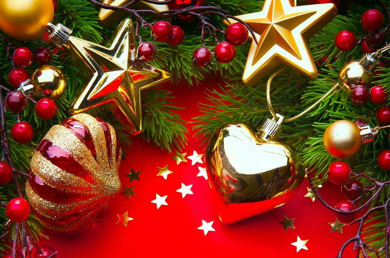 Christmas Ornaments on Red — Festive, Winter, Photograph, Stars