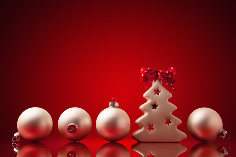 Christmas Ornaments on Red — Festive, Winter, Photograph, Tree