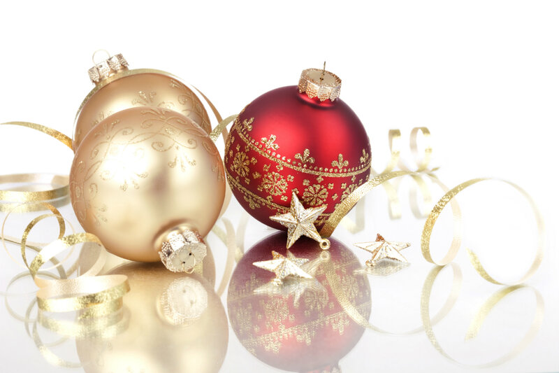 Christmas Ornaments on Reflective Surface — Red