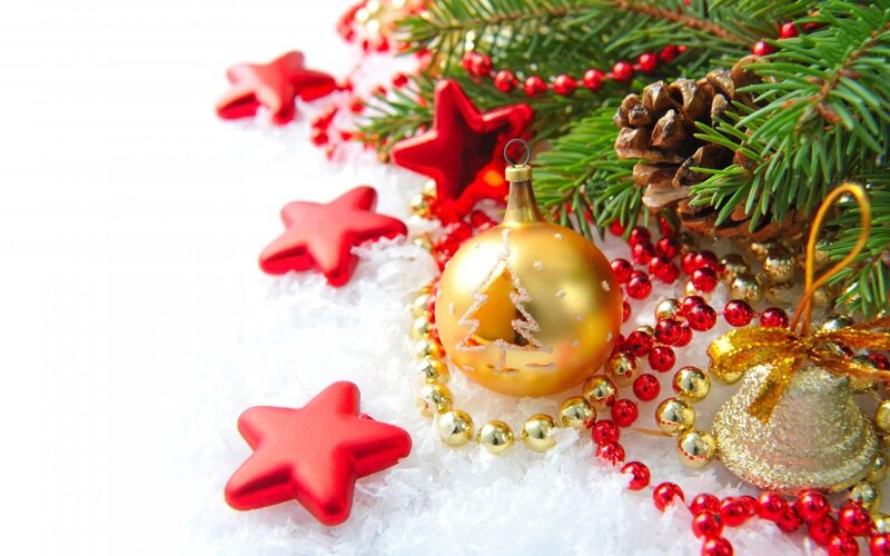 Christmas ornaments on snow