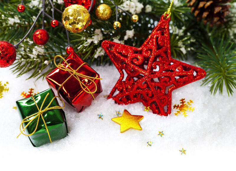 Christmas Ornaments on Snow — Red, Festive, Winter, Photograph, Gifts