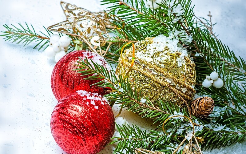 Christmas Ornaments on Snow — Red, Festive, Winter, Photograph, Pine Branches, Berries, Pinecone