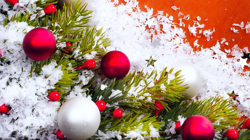 Christmas Ornaments on Snow — Red, Festive, Winter, Photograph, Pine Branches, Berries