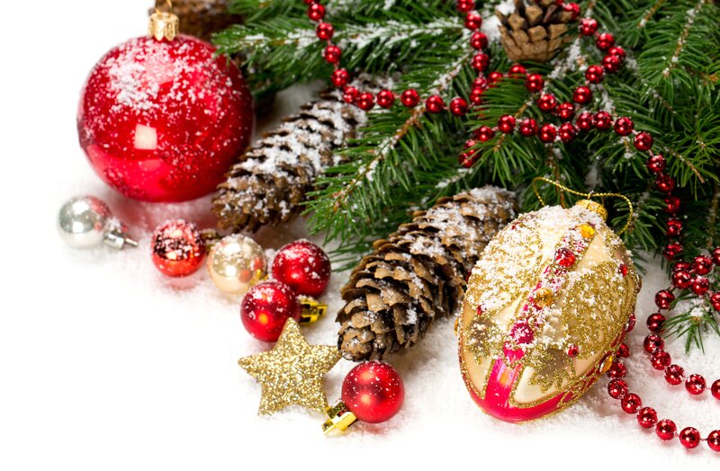 Christmas Ornaments on Snow — Red, Festive, Winter, Photograph, Pine Branches, Pinecones