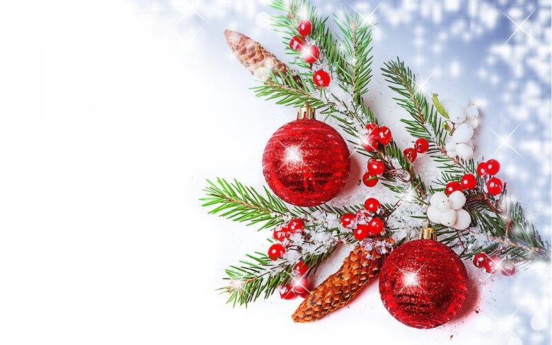 Christmas Ornaments on Snow — Red, Festive, Winter, Photograph, Pine Branches