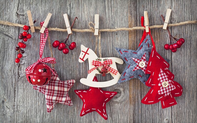 Christmas Ornaments on String — Red, Festive, Winter