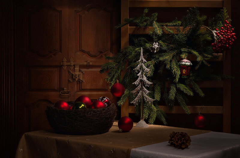 Christmas Ornaments on Table — Brown, Dramatic