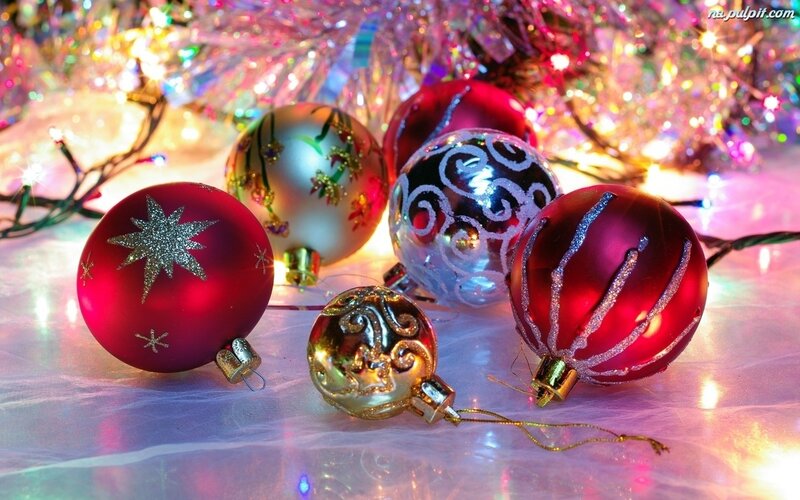 Christmas Ornaments on Table — Red, Festive