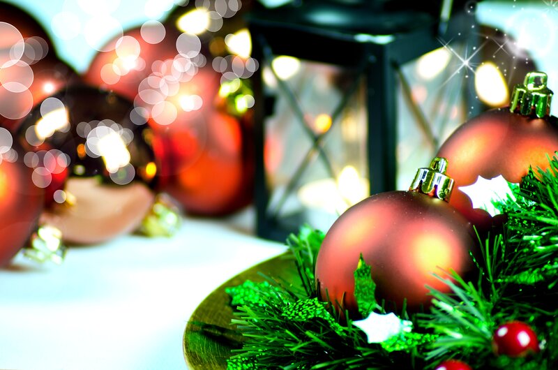 Christmas Ornaments on Table — Red, Festive, Winter, Photograph