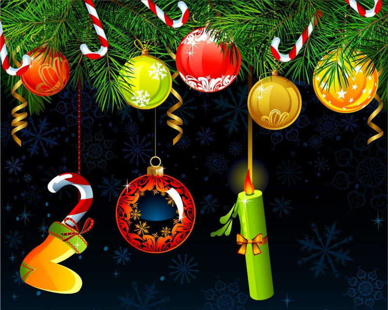 Christmas Ornaments on Tree — Green, Festive, Winter, Digital Art, Candy Canes, Candle