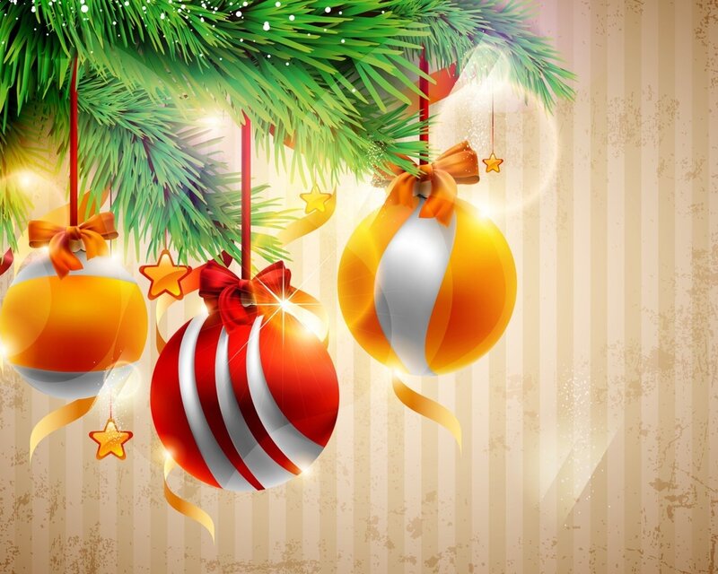 Christmas Ornaments on Tree — Green, Festive, Winter, Digital Art, Pine Branches, Ribbons