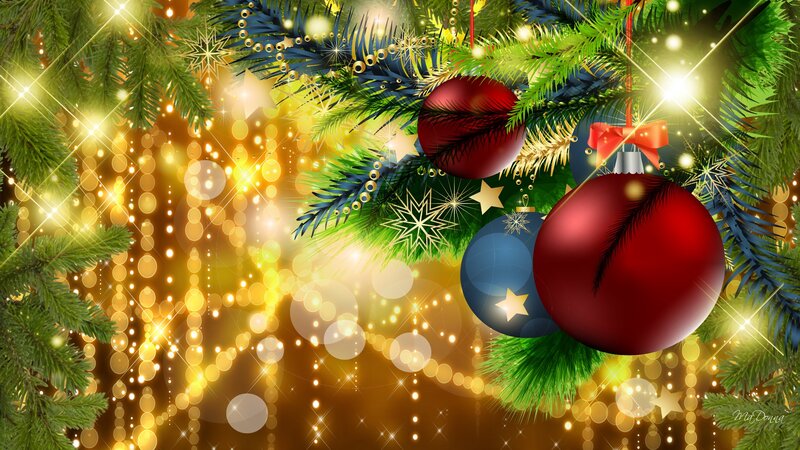 Christmas Ornaments on Tree — Green, Festive, Winter, Digital Art, Pine Branches