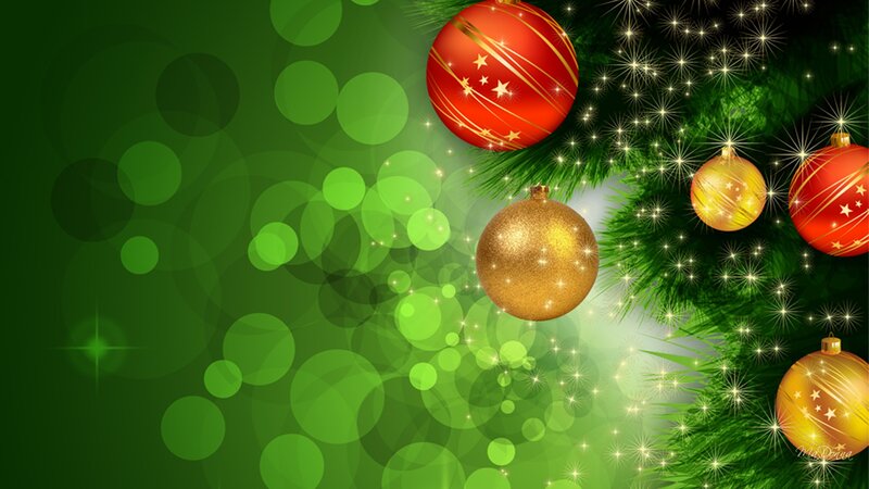Christmas Ornaments on Tree — Green, Festive, Winter, Digital Art