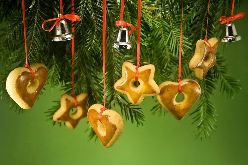 Christmas Ornaments on Tree — Green, Festive, Winter, Photograph, Bells
