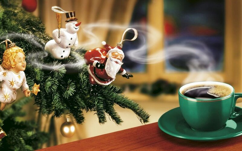 Christmas Ornaments on Tree — Green, Festive, Winter, Photograph, Coffee Cup