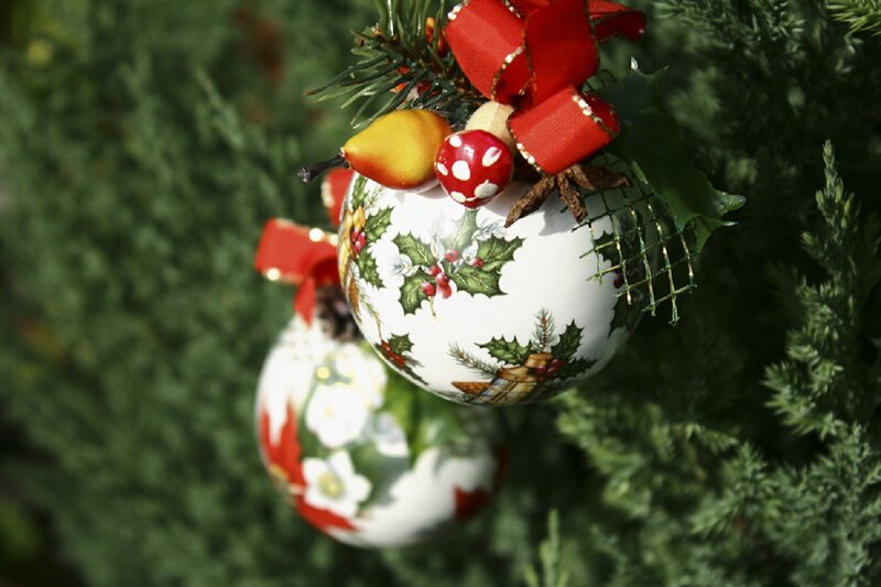 Christmas Ornaments on Tree — Green, Festive, Winter, Photograph, Holly