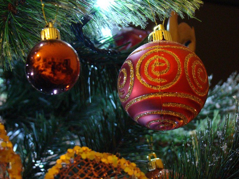 Christmas Ornaments on Tree — Red, Festive, Night, Photograph